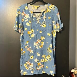 Floral Lace-Up Blue Dress